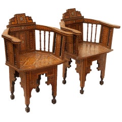 Pair of Antique Middle Eastern Inlaid Ebony and Rosewood Armchairs