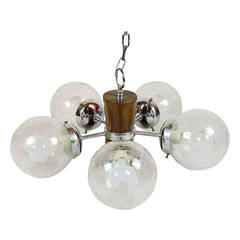 Mid-Century Modern Wood, Chrome, and Glass Five-Light Chandelier