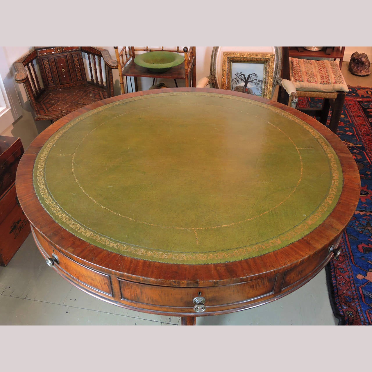 English 19th Century Mahogany Leather Inset Drum Table