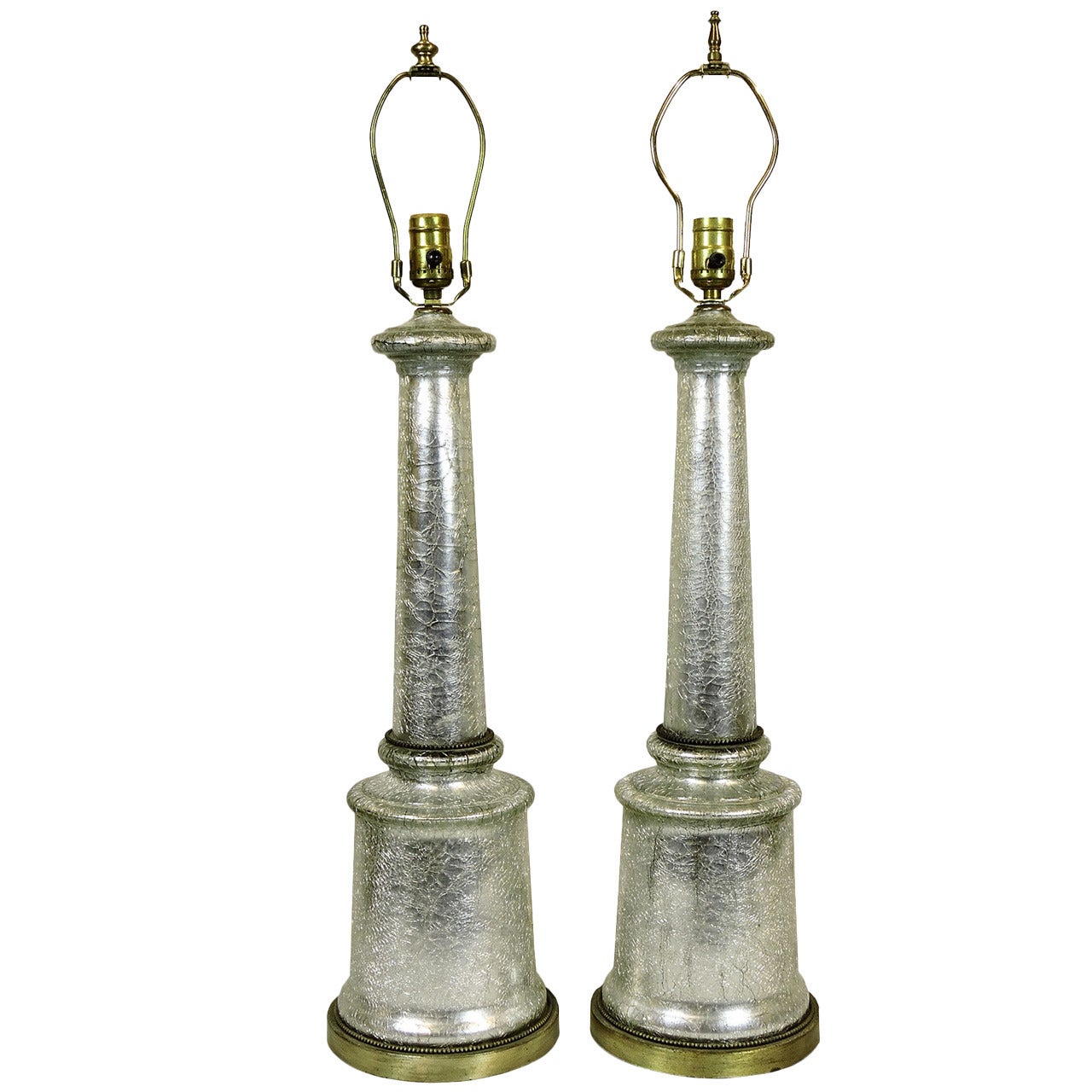 Pair of Silver Crackle Glass Column Form Table Lamps For Sale