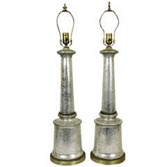 Pair of Silver Crackle Glass Column Form Table Lamps