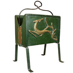Antique Art Deco Green Painted Mixed Metal Magazine Rack with Deer Decoration