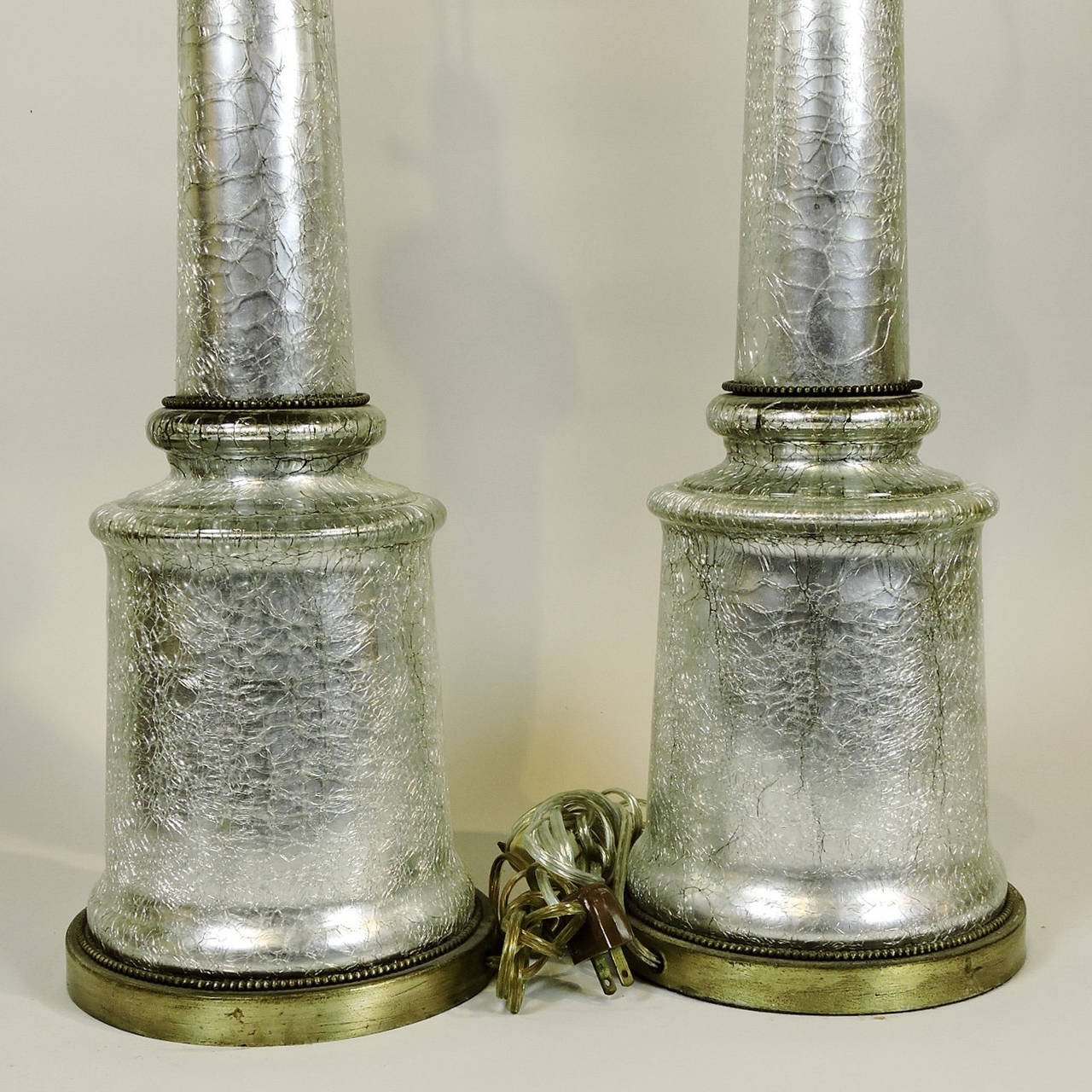 Regency Pair of Silver Crackle Glass Column Form Table Lamps For Sale
