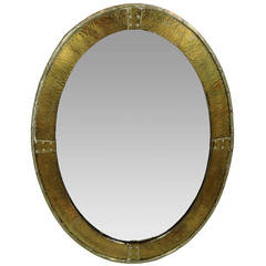 English Arts & Crafts Hammered Brass Oval Mirror