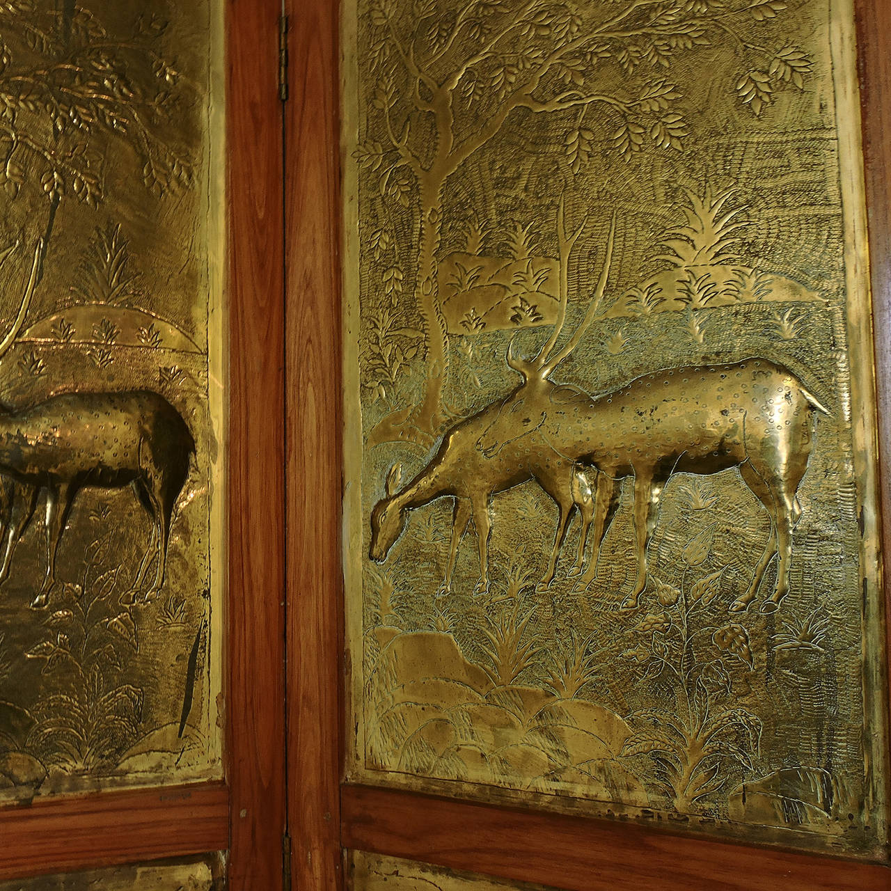Brass and Hardwood Deer Relief Four Panel Folding Screen