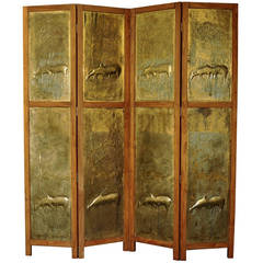 Brass and Hardwood Deer Relief Four Panel Folding Screen