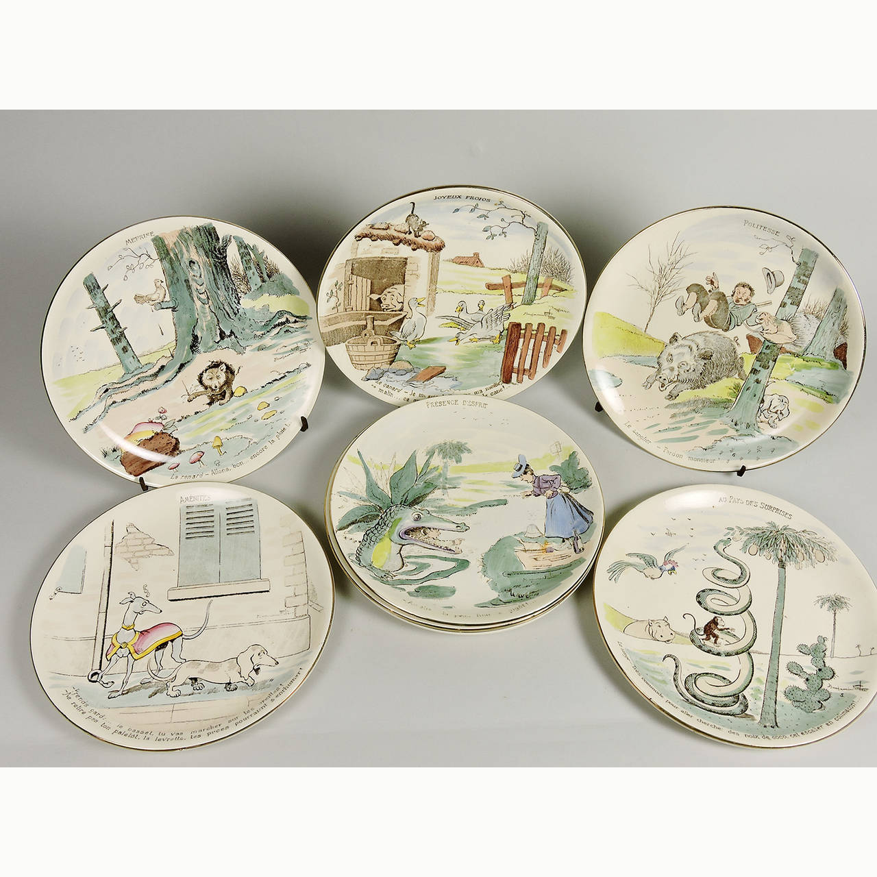 Polychromed Set of 12 French 'Benjamin Rabier' Ceramic Lunch Plates