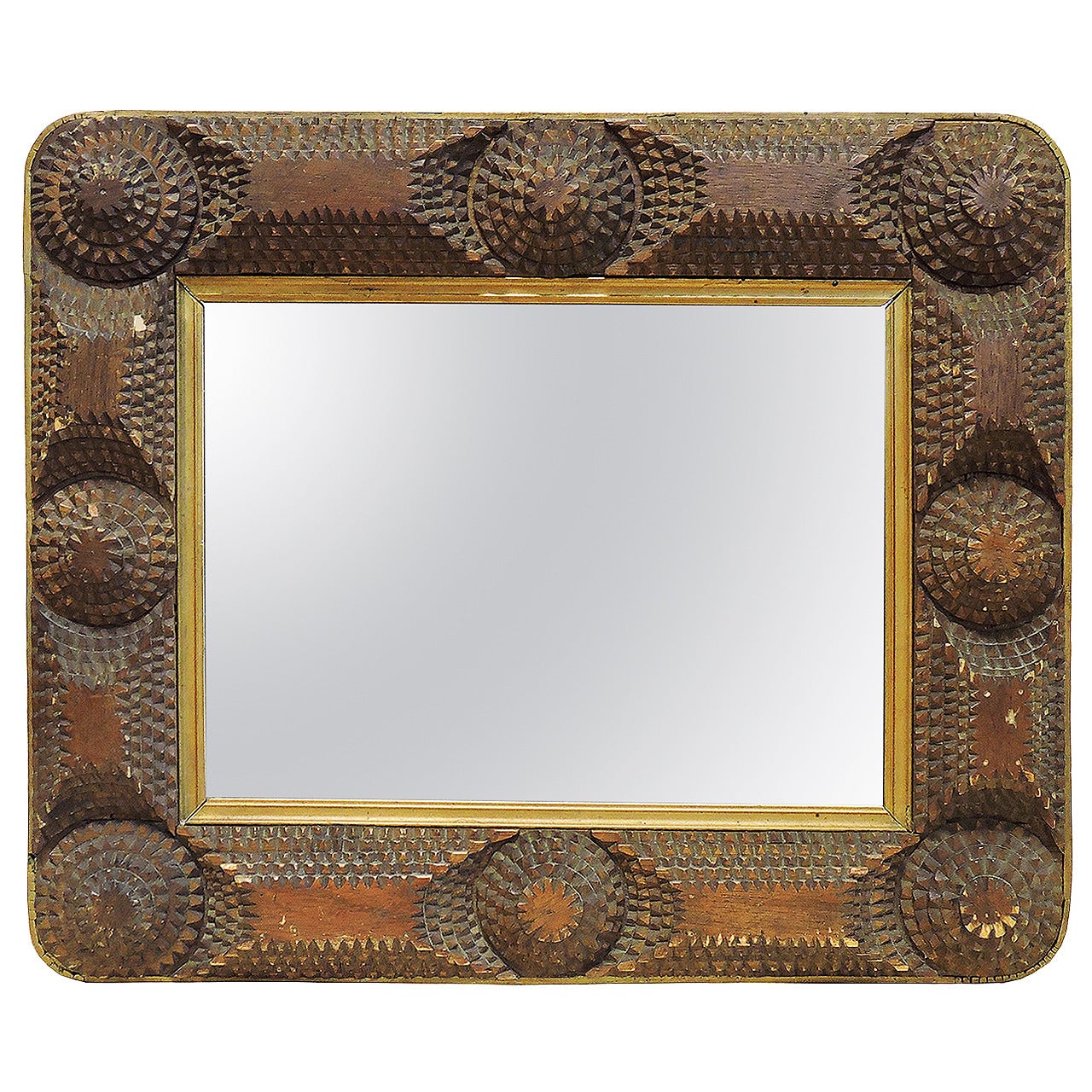 Antique Tramp Art Carved Mahogany Mirror For Sale