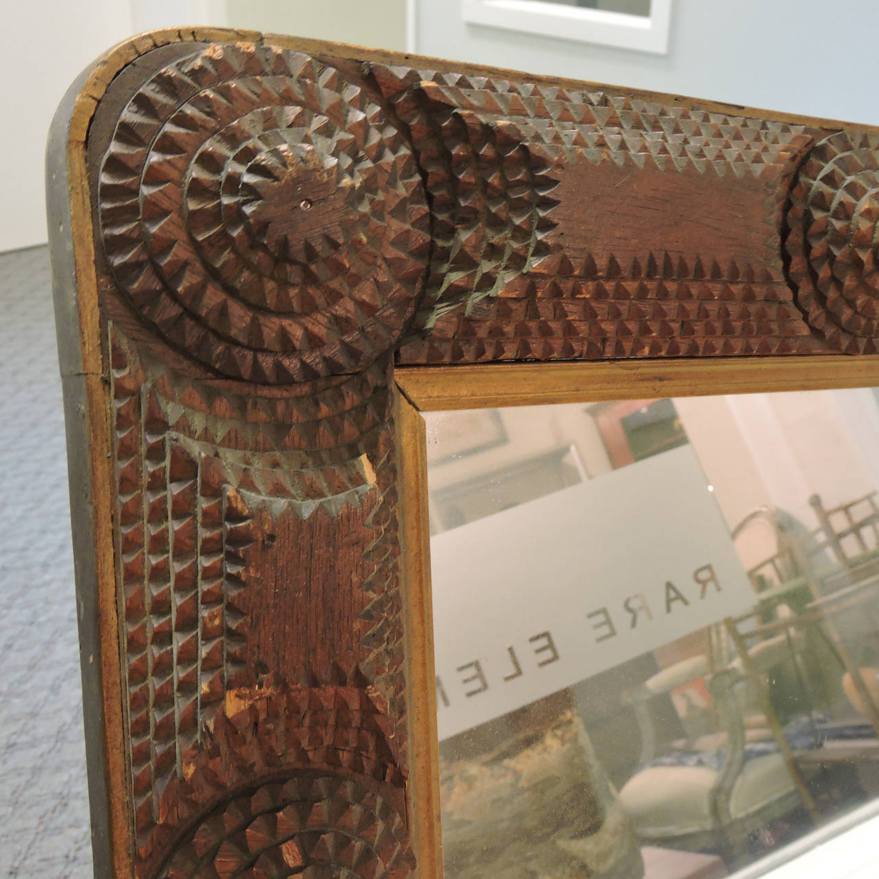 Antique Tramp Art Carved Mahogany Mirror