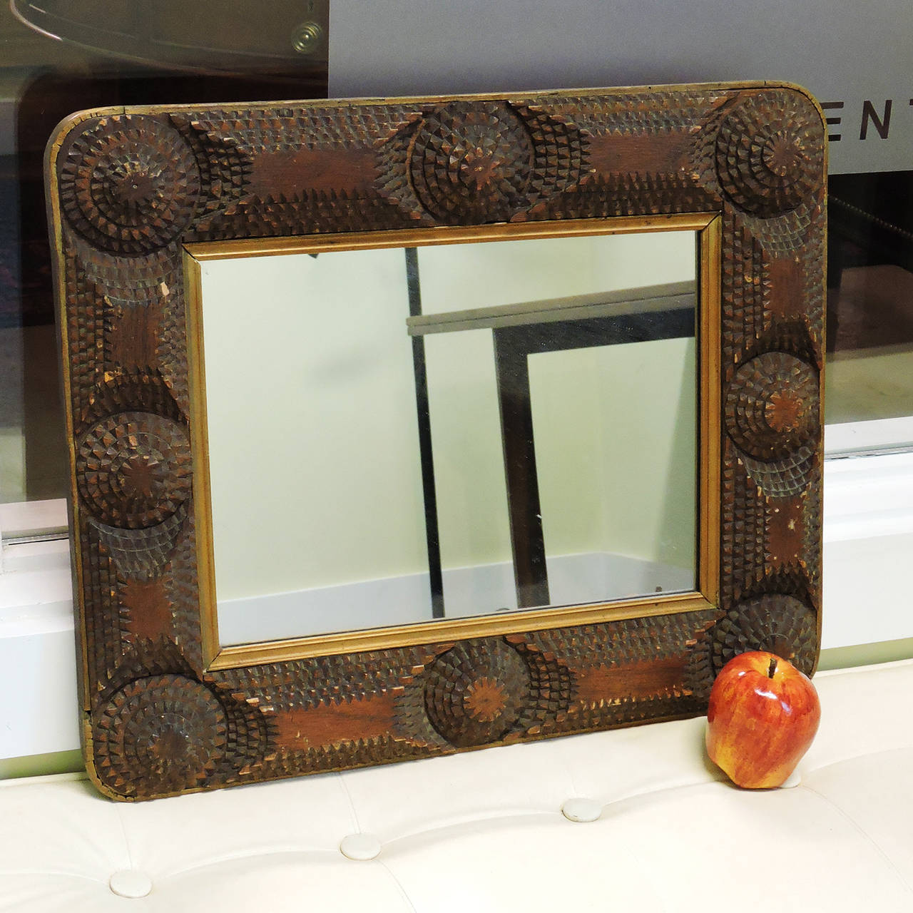 American Antique Tramp Art Carved Mahogany Mirror For Sale