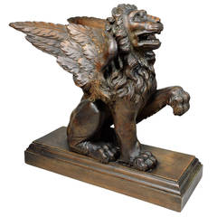 19th Century Carved Wood Figure of a Winged Lion