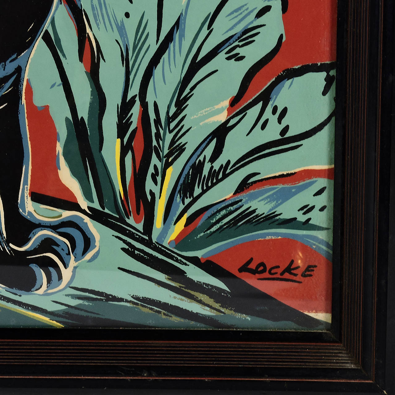 Decorative 20th century silkscreen on paper depicting two panthers by unknown American artist Locke. Executed in six colors the modern print is framed and in good condition.
Measures: Sight 23 1/2 x 29 1/2 inches, framed 26 1/2 x 32 inches.