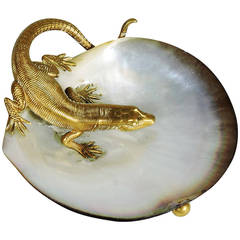 Antique Brass or Bronze Salamander and Shell Footed Dish
