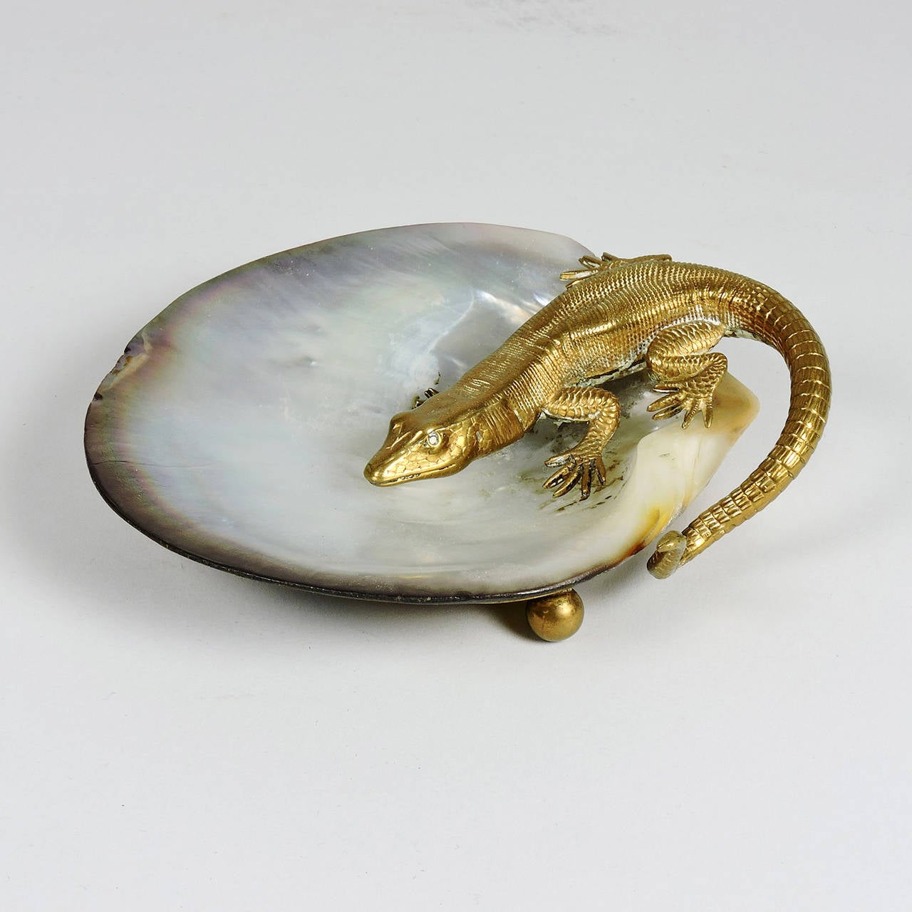 Antique brass or bronze salamander mounted on a mother-of-pearl lined shell on three bun feet. Dimensions: 1 1/2 x 5 x 4 3/4 inches.