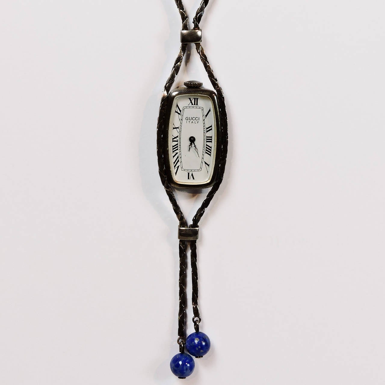Vintage Gucci Silver and Lapis Lazuli Pendant Watch Necklace.  Perfect length for today's fashion! Marked Gucci Italy 925.
Chain length: 18 inches (clasped)