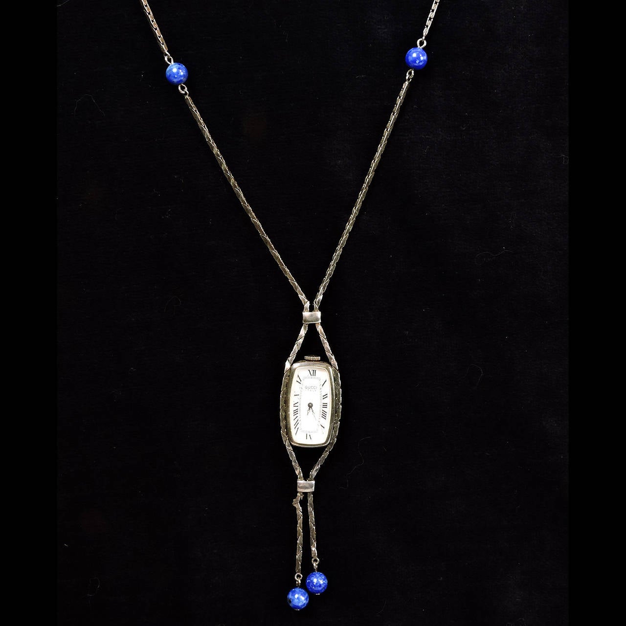 Vintage Gucci Sterling Silver and Lapis Lazuli Pendant Watch Necklace In Excellent Condition In Concord, MA