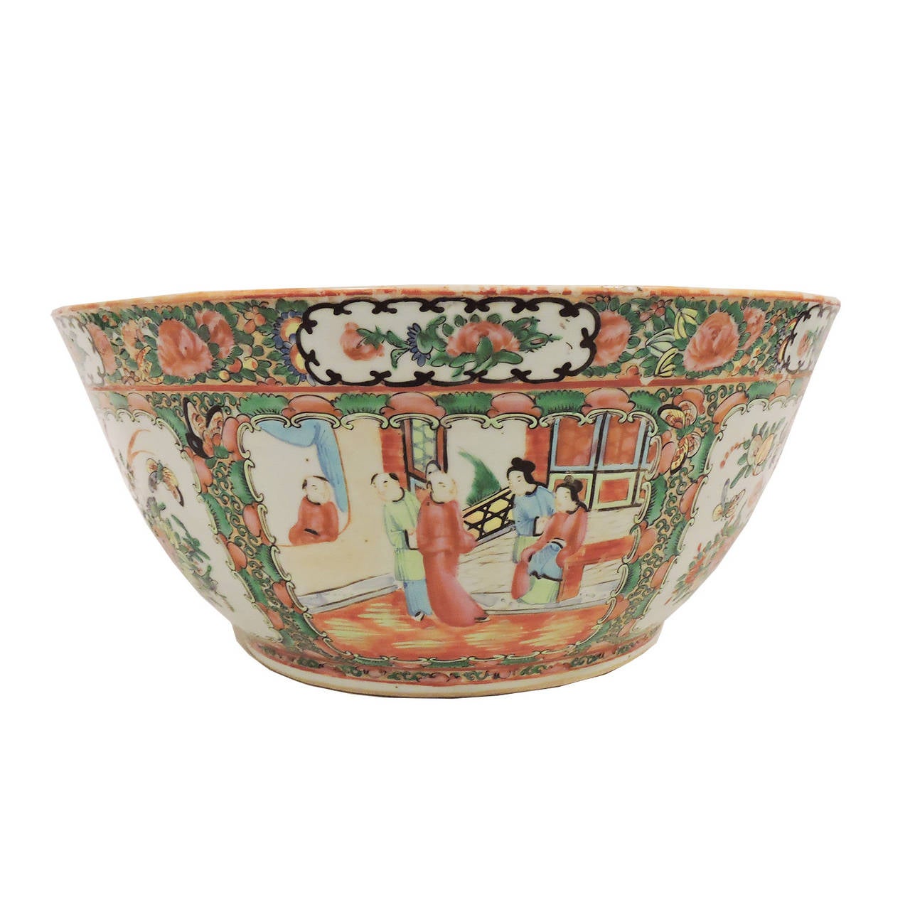Large Chinese Expert Rose Medallion Porcelain Punch Bowl For Sale at