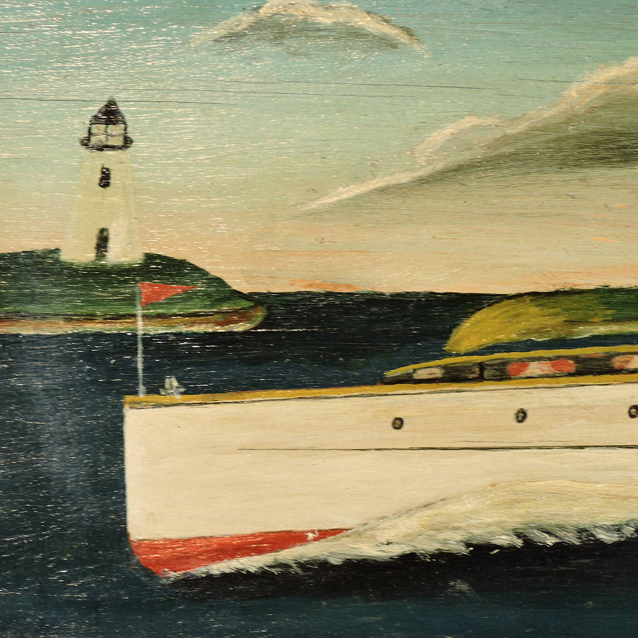 American Folk Art Painting of a Boat Speeding by a Lighthouse In Good Condition For Sale In Concord, MA