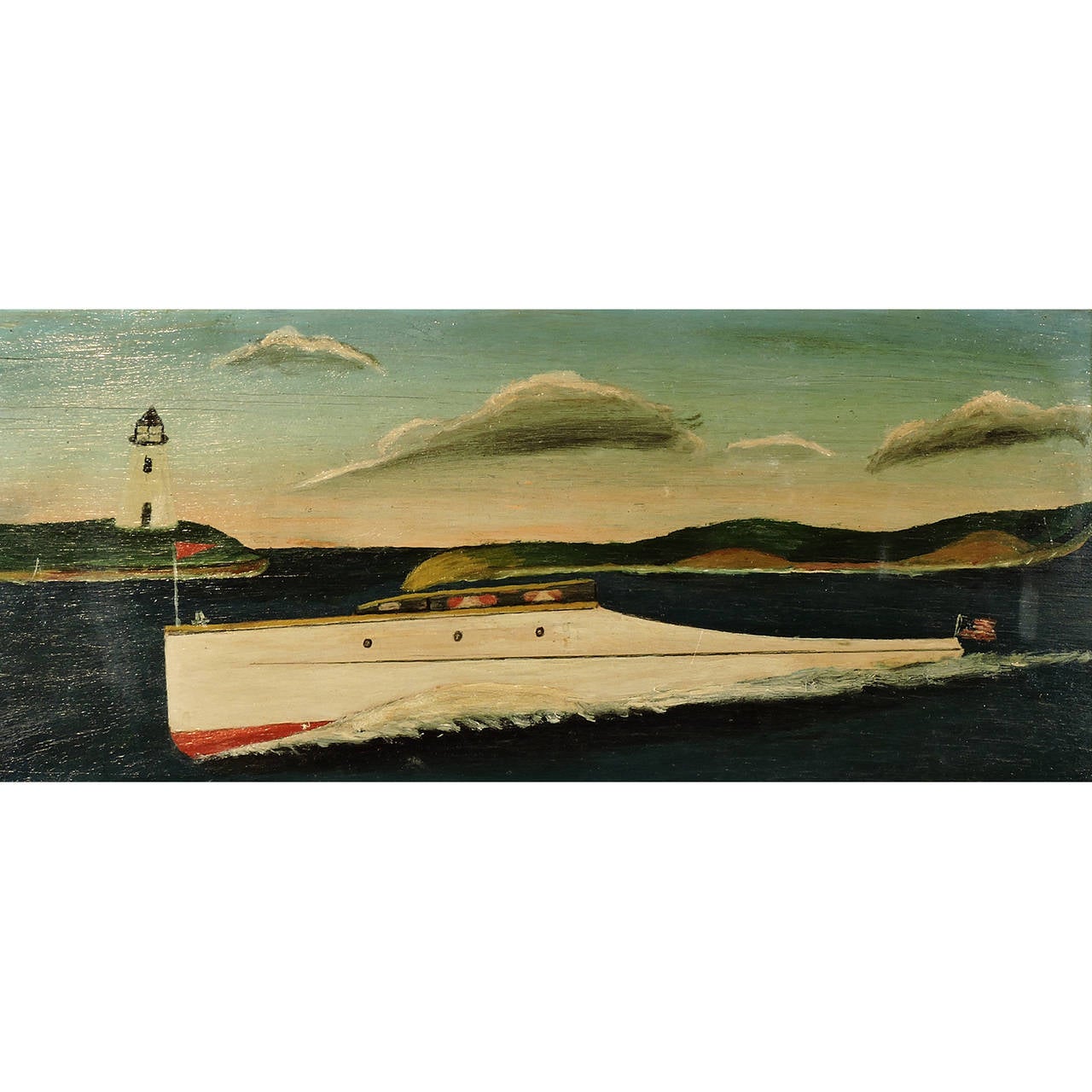 American school (early 20th century)
Folk Art painting of a boat speeding by a Lighthouse
Oil on panel, unsigned. 
Dimensions: 8 x 17.5 inches.