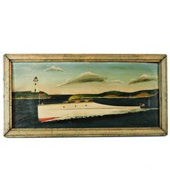 American Folk Art Painting of a Boat Speeding by a Lighthouse