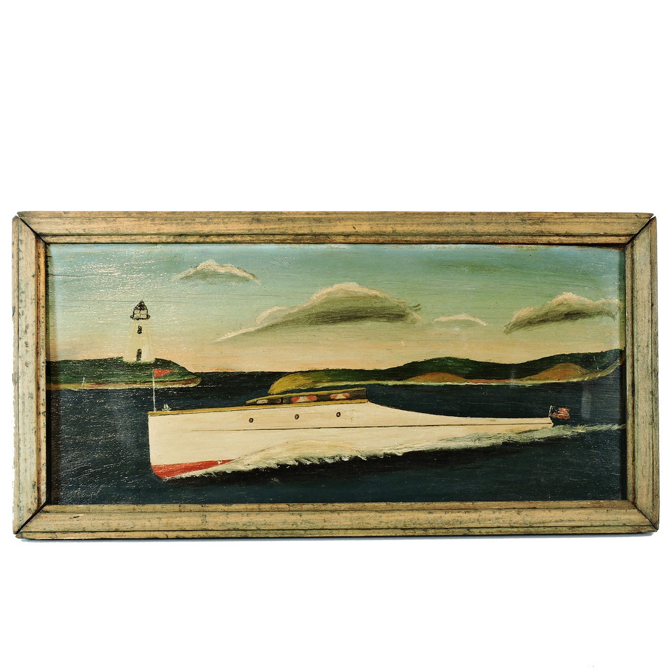 American Folk Art Painting of a Boat Speeding by a Lighthouse For Sale