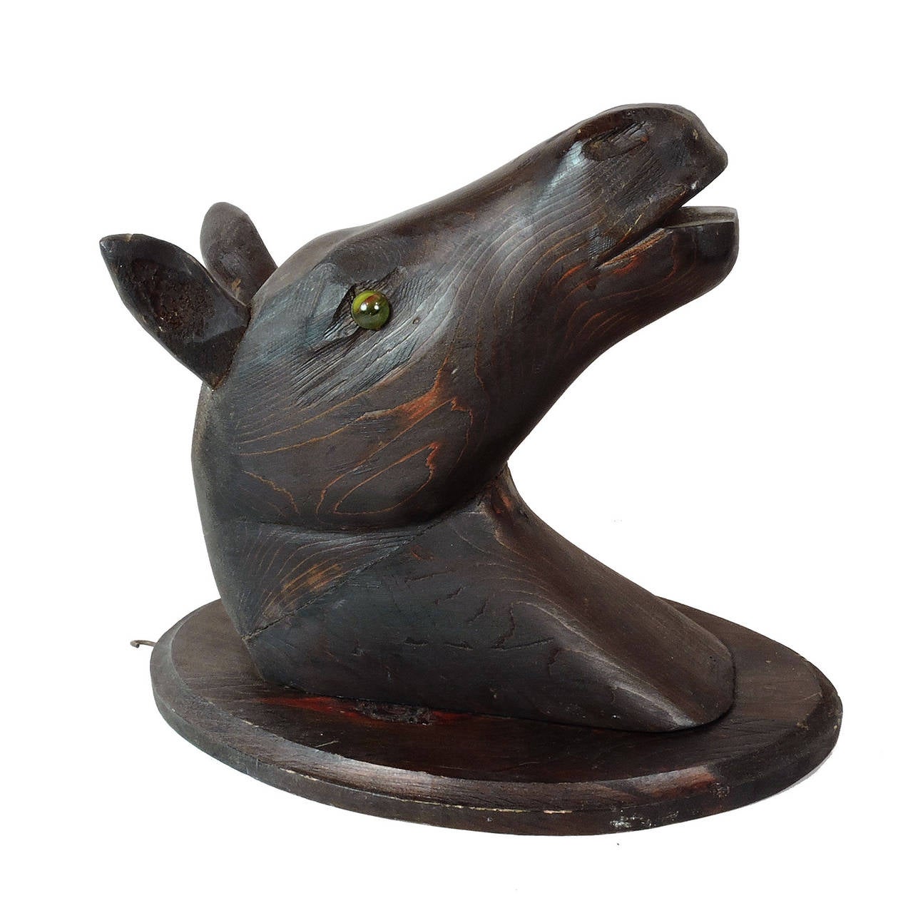 Unusual Canadian carved mahogany Folk Art horse head wall plaque, early 20th century; with glass eyes, stamped 
