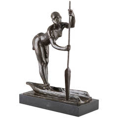 Dupagne "Woman on a Piroque" Belgian Bronze Africanist Sculpture, circa 1940
