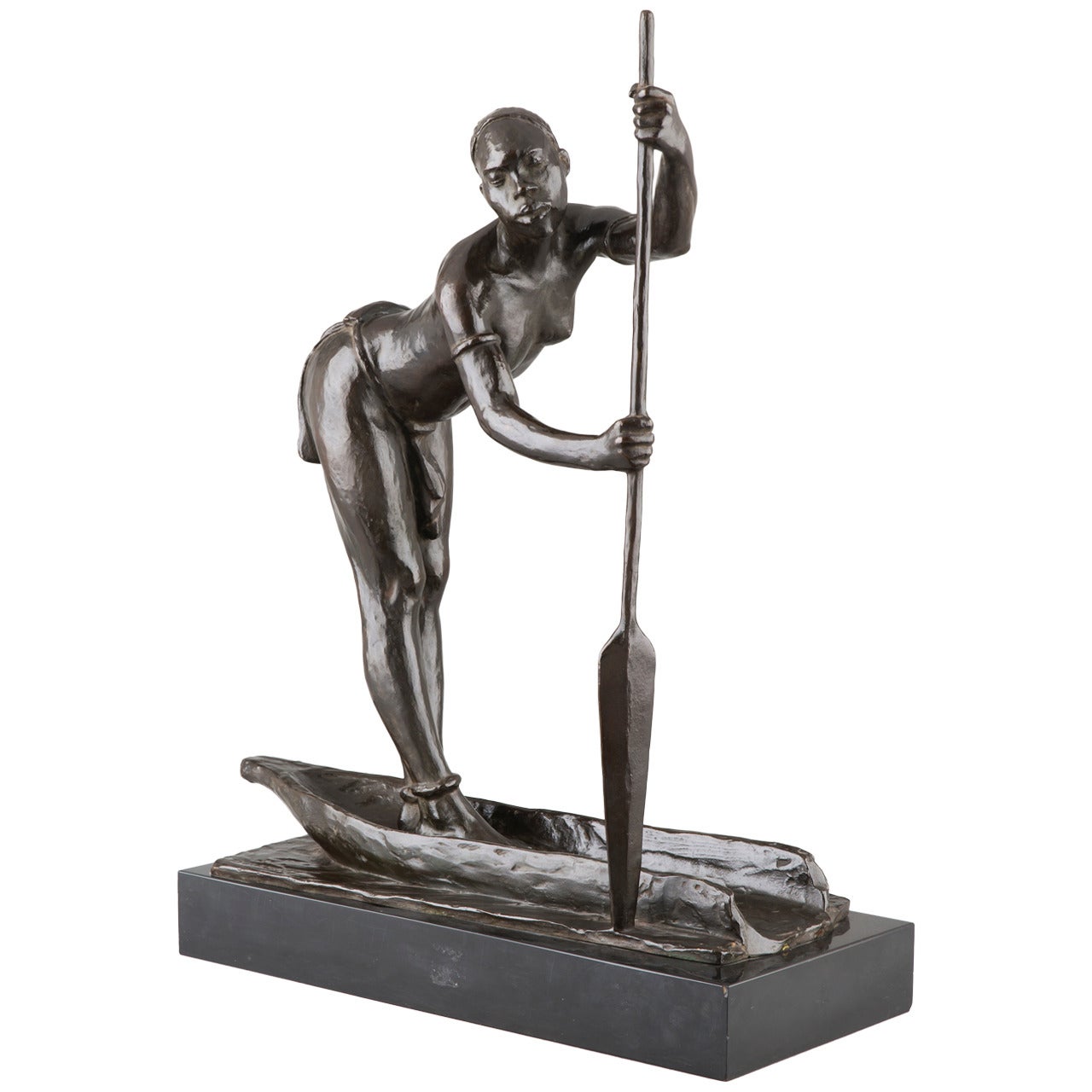 Dupagne "Woman on a Piroque" Belgian Bronze Africanist Sculpture, circa 1940 For Sale