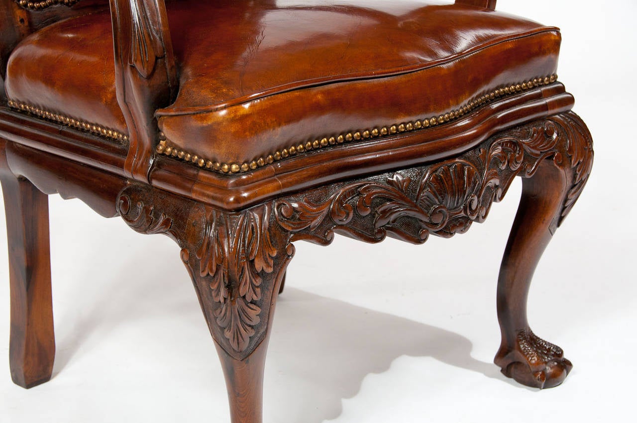 19th Century Walnut Carved Leather Armchair