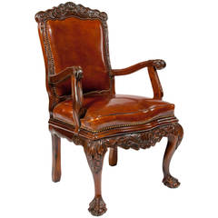 Antique 19th Century Walnut Carved Leather Armchair