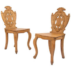 Antique Pair of Bleached Victorian Oak Hall Chairs