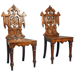 Pair of Antique Gothic Oak Hall Chairs