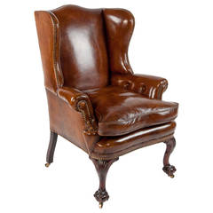 19th Century Walnut Leather Wing Chair