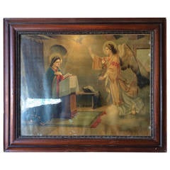 Stampa antica del 18° secolo, con cornice in legno e supporto in corda originale