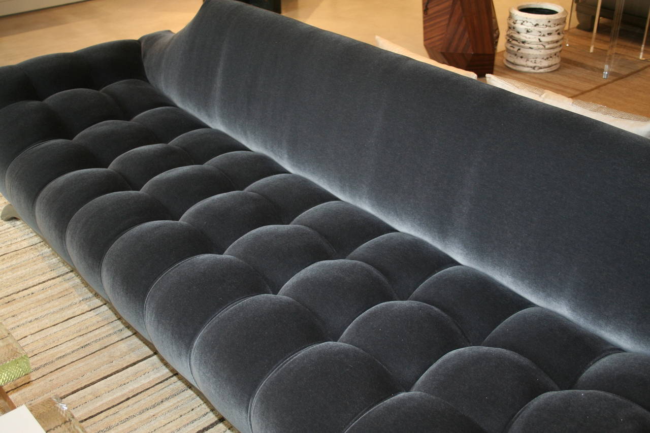 Emily Summers original design inspired by midcentury gondola sofas of the era. Shown here upholstered in charcoal mohair. This listing is for a custom order and will be made to order in customer's own fabric.