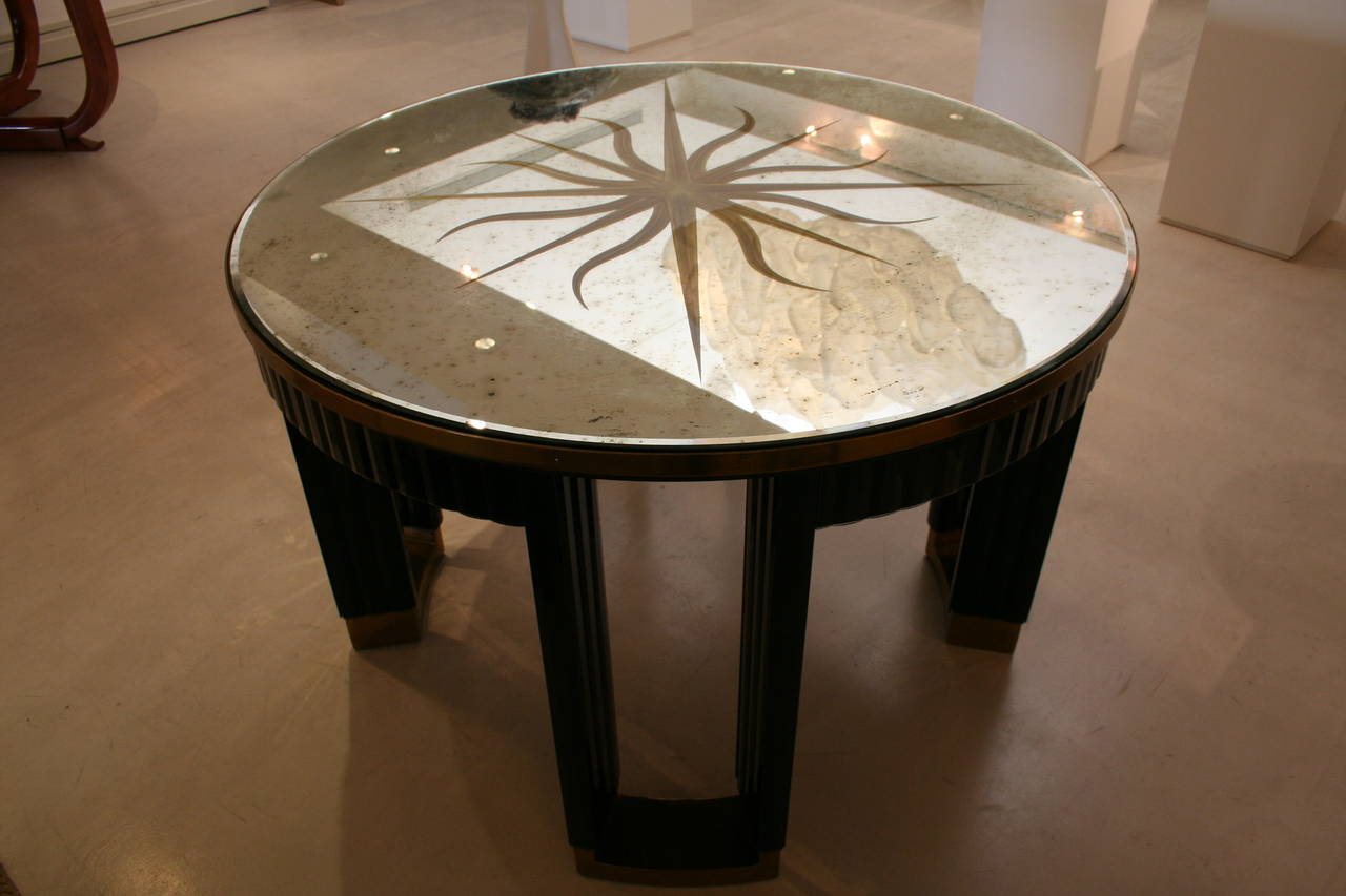 Art Deco Brass-Mounted, Mirrored Glass Center Table