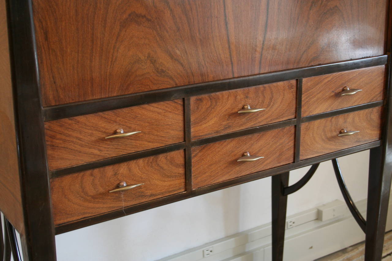 Italian Art Deco secretary desk. Rosewood veneer with beech substrate material. Brass hardware.