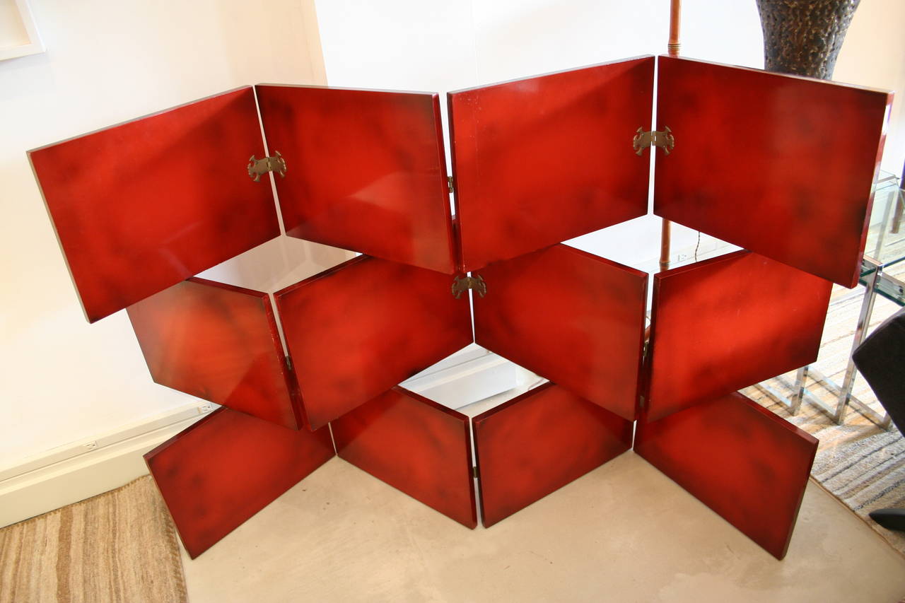Mid-Century Modern Vintage Red Lacquered Three-Tier Screen by De Coene Freres For Sale