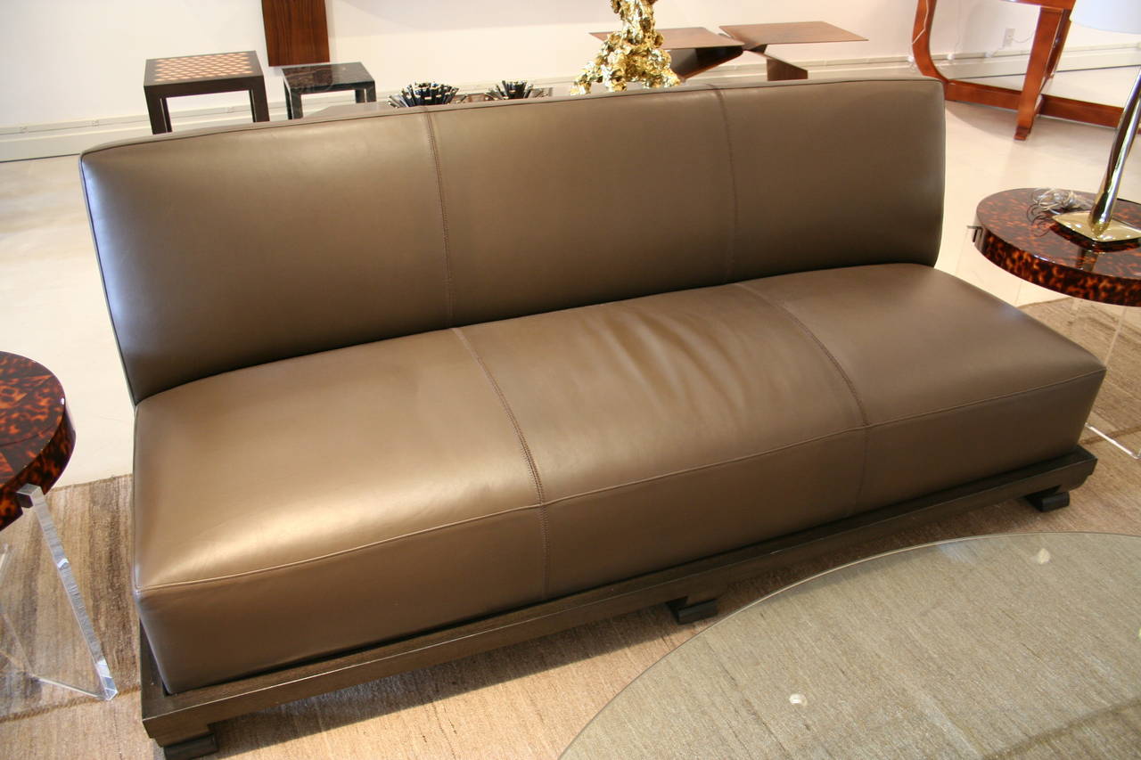 Emily Summers original design based on a sofa from Geoffery Beene's estate. Chocolate leather with stitch detail. This sofa can also be customized in customer's own fabric and stitch detail.