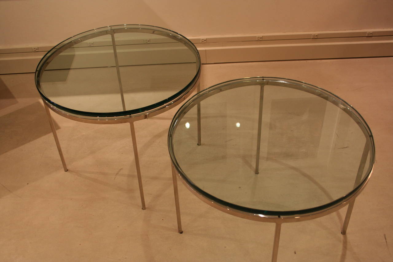 Pair of Nicos Zographos End Tables.   Manufactured by Zagraphos Inc. Chrome and glass.  Glass is new.