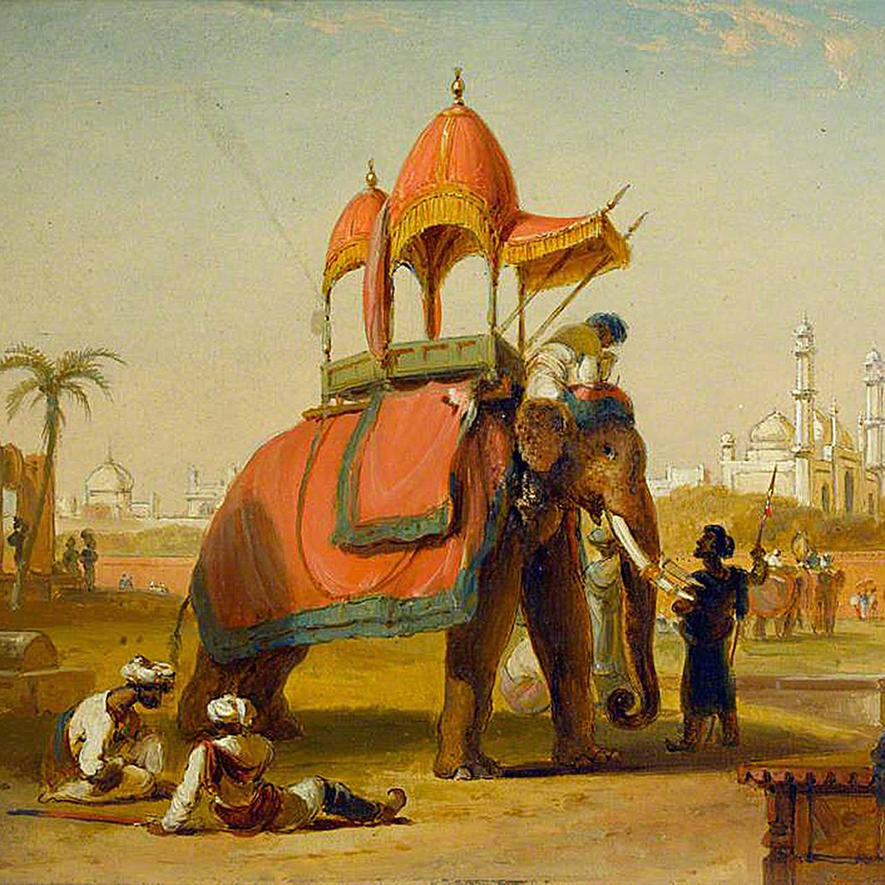 This witty and unusually oversized study of a trotting Indian elephant, a revered animal in Indian culture with long held beliefs, is portrayed adorned in a richly embroidered caparison of green, red and gold-decorated silks, enriched with