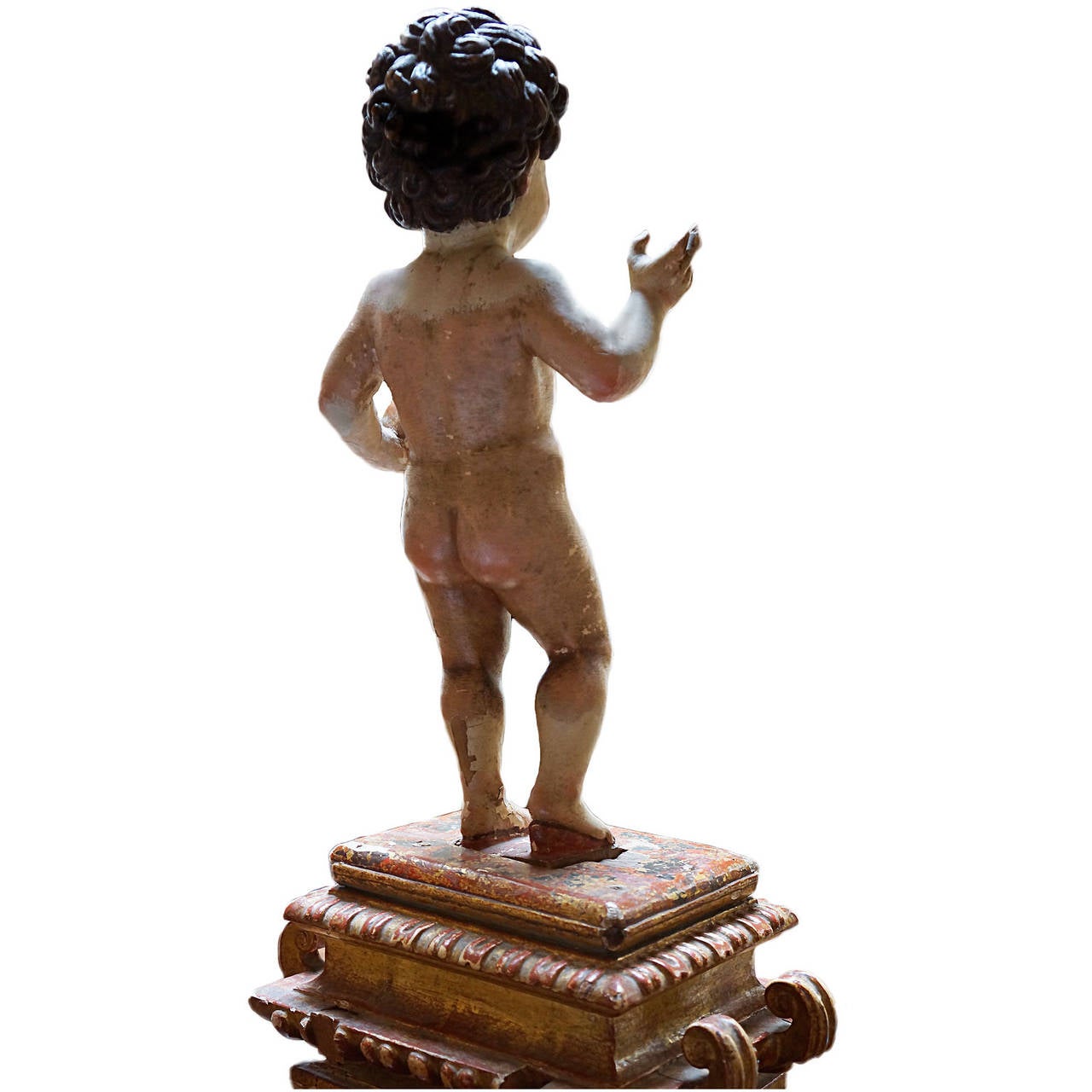 17th c. Italian finely carved wood, gesso, and polychrome Christ child on a wooden gilded carved stand holding the globe in one hand. Exceptional details in hair and face.