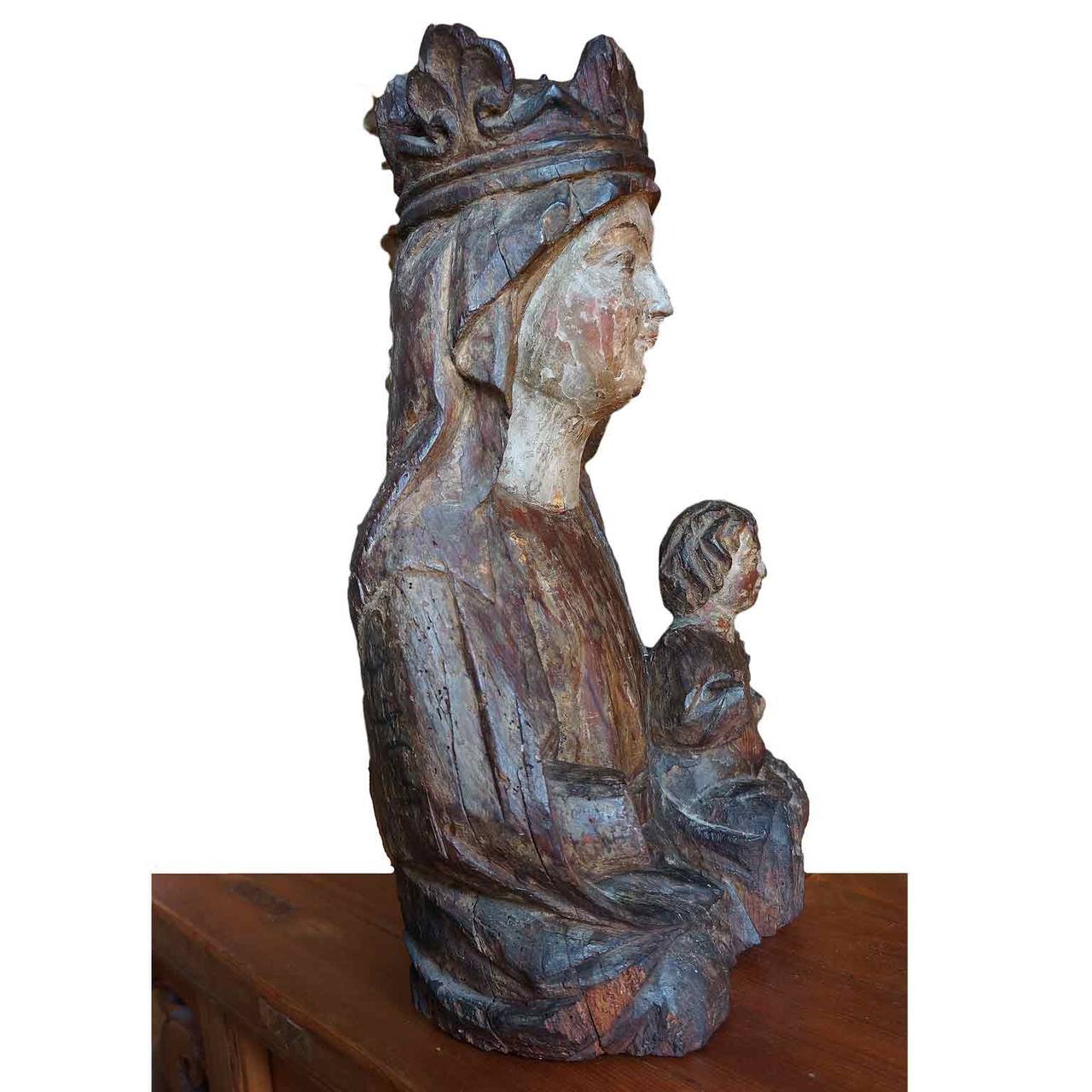18th Century and Earlier 15th Century Italian Carved Wood and Polychrome Madonna and Child For Sale