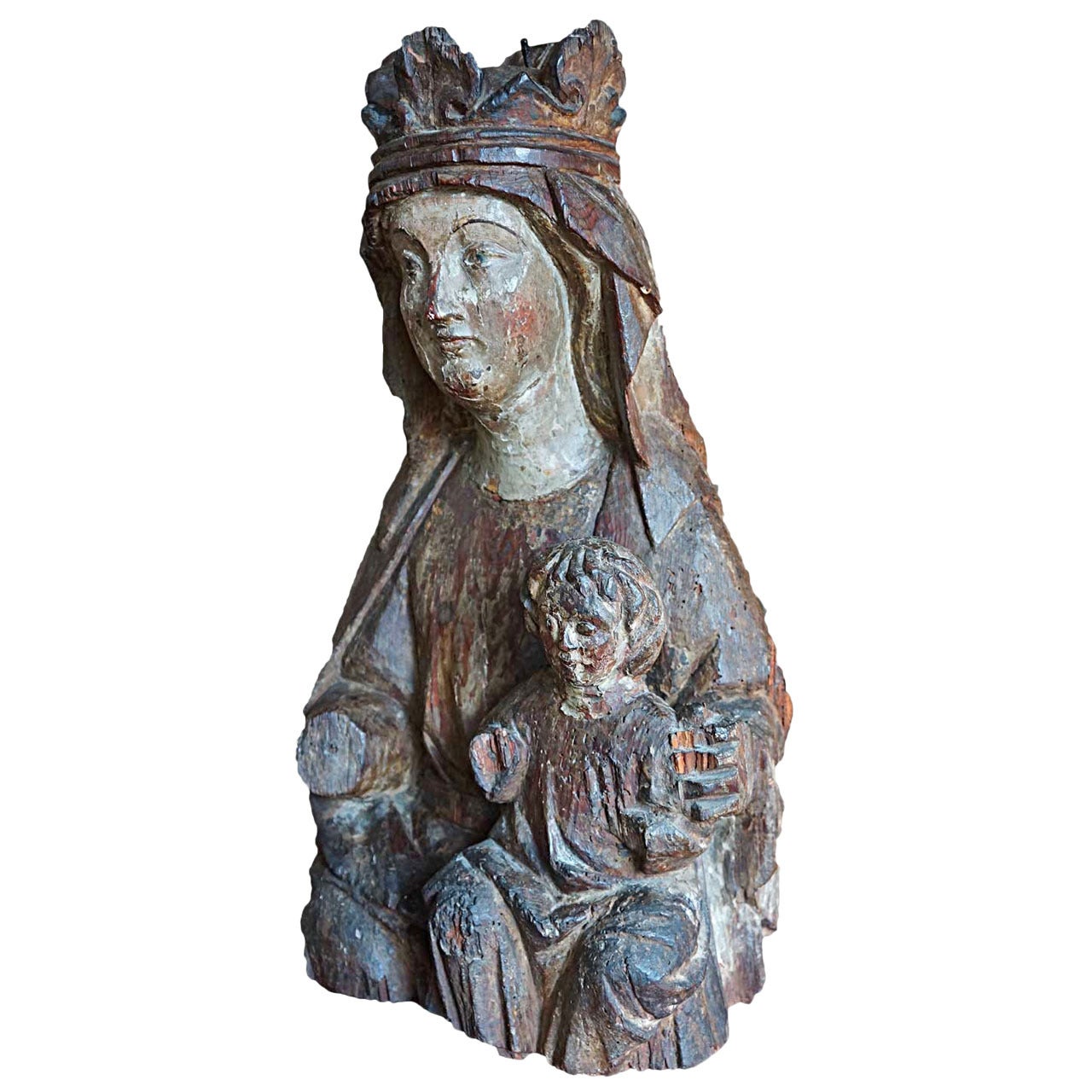 15th Century Italian Carved Wood and Polychrome Madonna and Child For Sale