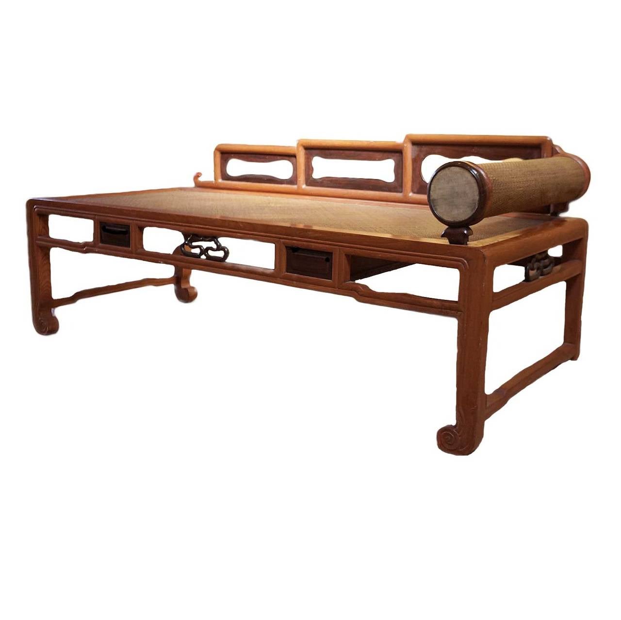 Chinese antique opium bed from the Qing dynasty with finely woven headrest and seat. Headrest finished with a circular piece Chinese marble.