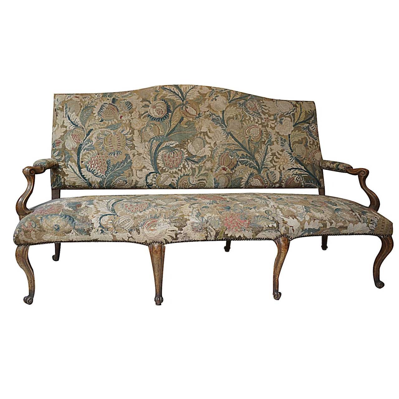 18th Century Italian Sofa with Walnut Frame and Antique Tapestry Upholstery