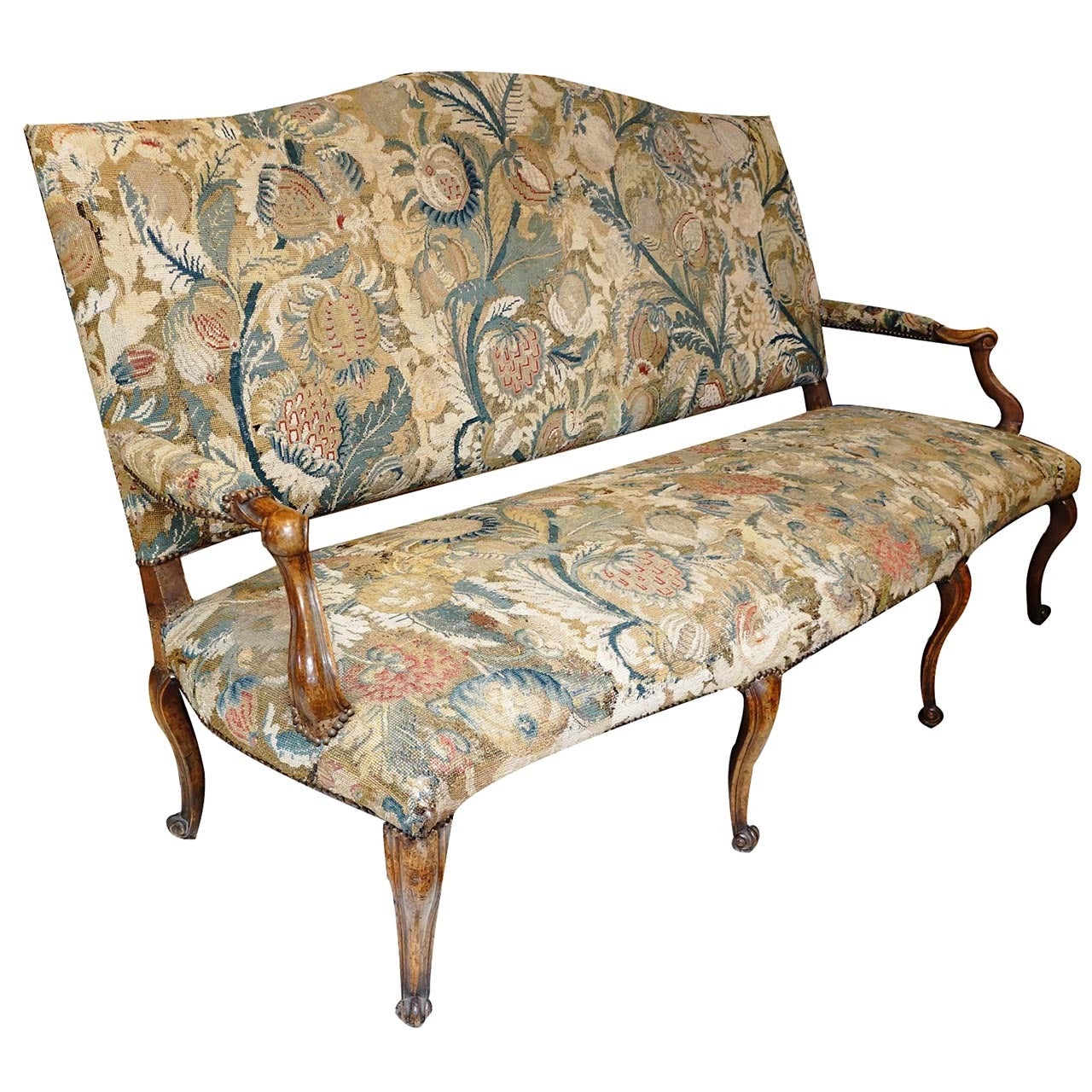 18th Century Italian Sofa with Walnut Frame and Antique Tapestry Upholstery For Sale