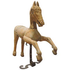 19th Century Wood Carved German Horse with Custom Made Wrought Iron Stand