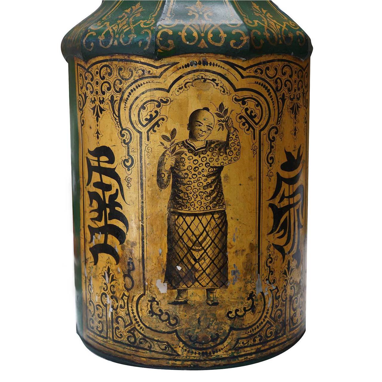 Painted Mid-19th Century English Tea Canister Lamps Decorated in Chinoiserie Style