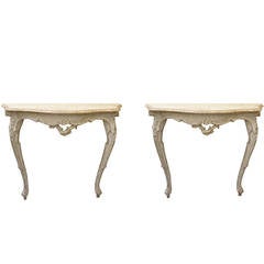 Antique Pair of 18th Century Gustavian Painted Demilune Console Tables